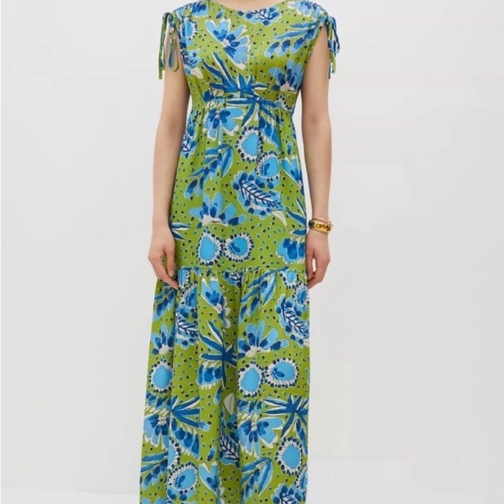 Anthropologie Vera Green and Blue Floral Tie-Shoulder Maxi Dress M